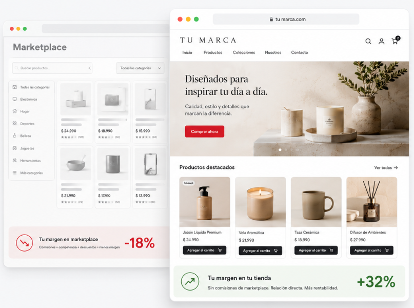 Tu margen en un marketplace, −18%, versus tu propia tienda, +32%